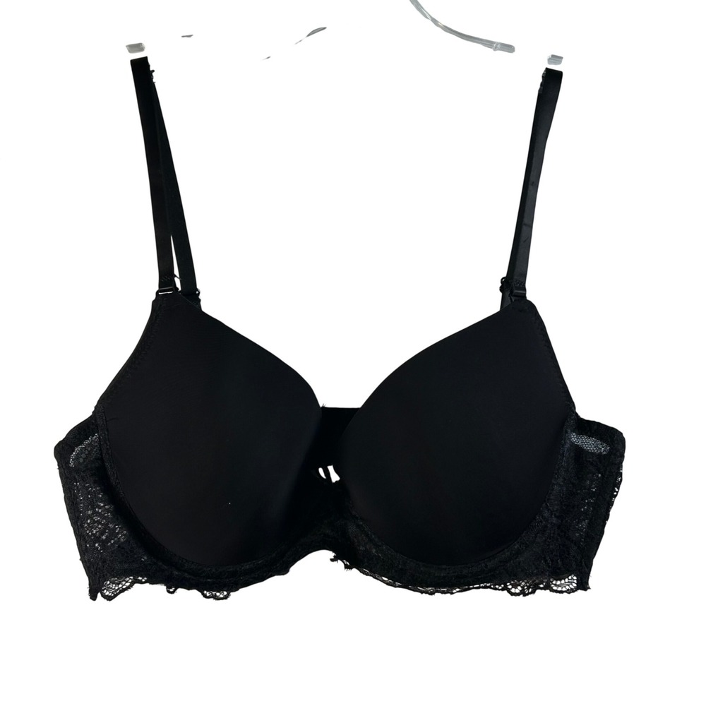 Black Lace Trim Plunge Push Up‎ Bra 34B Nylon Spandex